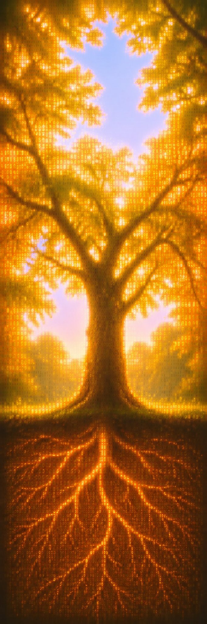 A tree rendered in dithered data: canopy, trunk, and roots